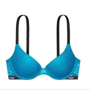 PINK by Victoria’s Secret push up blue leopard print lace bra size 32D